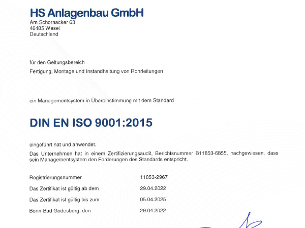 Zertifikat nach DIN EN ISO 9001:2015